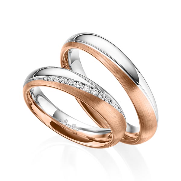 Paar bicolor Trauringe/Eheringe in Weißgold 585 Rotgold 585 mit zus. 0,14 ct. Brillant tw, si von Steinberg - Q-1578-2 Paar bicolor Trauringe/Eheringe in Weißgold 585 Rotgold 585 mit zus. 0,14 ct. Brillant tw, si von Steinberg - Q-1578-2