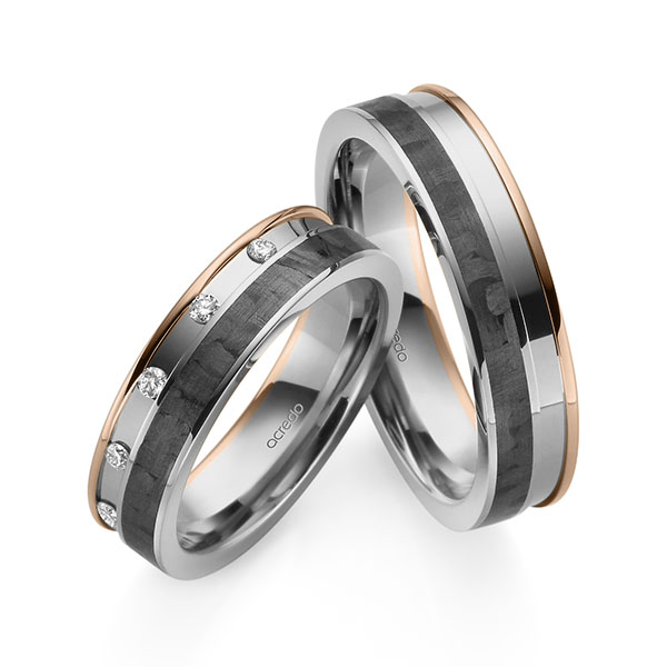 Paar Carbon Trauringe/Eheringe in Rotgold 585 Graugold 585 Graugold 585 Carbon-Einzug mit zus. 0,1 ct. Brillant tw, si von acredo - S-1194-3 Paar Carbon Trauringe/Eheringe in Rotgold 585 Graugold 585 Graugold 585 Carbon-Einzug mit zus. 0,1 ct. Brillant tw, si von acredo - S-1194-3