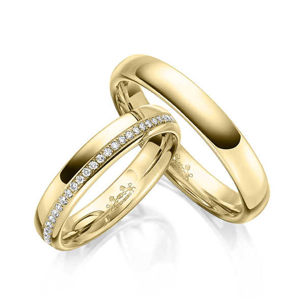 Paar klassische Memoire-Trauringe/Eheringe in außen Gelbgold 585 , innen Gelbgold 585 halbausgefasst mit zus. 0,14 ct. Brillant tw, si von Steinberg - Q-1636-4 Paar klassische Memoire-Trauringe/Eheringe in außen Gelbgold 585 , innen Gelbgold 585 halbausgefasst mit zus. 0,14 ct. Brillant tw, si von Steinberg - Q-1636-4