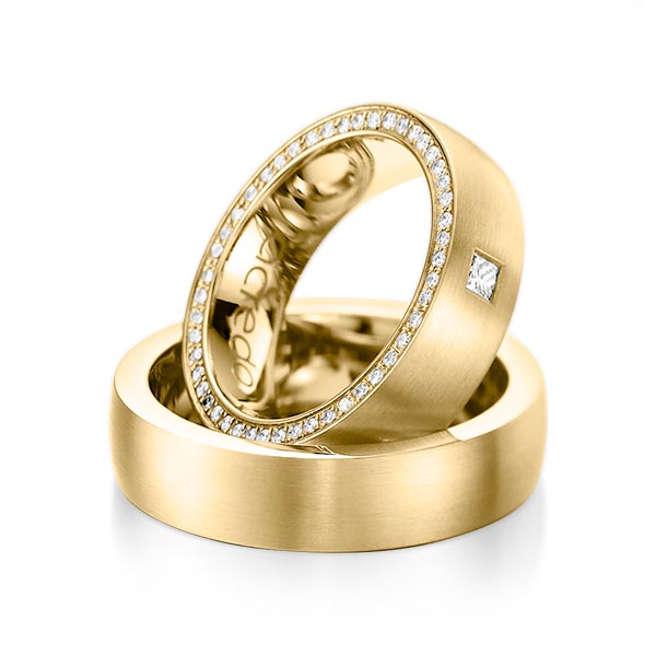 Paar klassische Memoire-Trauringe/Eheringe in Gelbgold 585 vollausgefasst mit zus. 0,355 ct. Prinzess-Diamant & Brillant tw, vs tw, si von acredo - A-1071-3 Paar klassische Memoire-Trauringe/Eheringe in Gelbgold 585 vollausgefasst mit zus. 0,355 ct. Prinzess-Diamant & Brillant tw, vs tw, si von acredo - A-1071-3