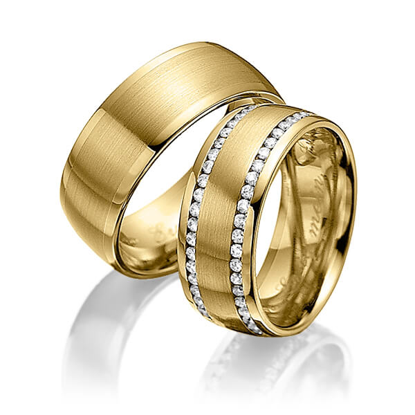 Paar klassische Memoire-Trauringe/Eheringe in Gelbgold 585 vollausgefasst mit zus. 0,94 ct. Brillant tw, si von Steinberg - Q-1229-5 Paar klassische Memoire-Trauringe/Eheringe in Gelbgold 585 vollausgefasst mit zus. 0,94 ct. Brillant tw, si von Steinberg - Q-1229-5