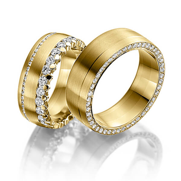 Paar klassische Memoire-Trauringe/Eheringe in Gelbgold 585 vollausgefasst mit zus. 2,15 ct. Brillant tw, si von Steinberg - Q-1146-7 Paar klassische Memoire-Trauringe/Eheringe in Gelbgold 585 vollausgefasst mit zus. 2,15 ct. Brillant tw, si von Steinberg - Q-1146-7
