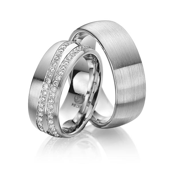 Paar klassische Memoire-Trauringe/Eheringe in Graugold 585 vollausgefasst mit zus. 0,96 ct. Brillant tw, si von Steinberg - Q-1148-3 Paar klassische Memoire-Trauringe/Eheringe in Graugold 585 vollausgefasst mit zus. 0,96 ct. Brillant tw, si von Steinberg - Q-1148-3