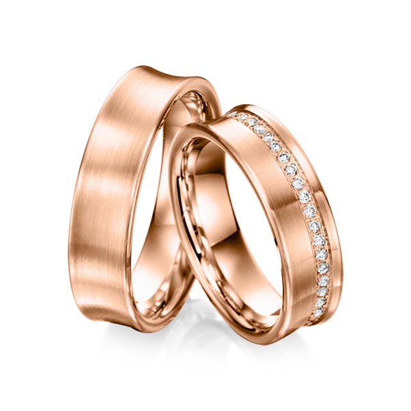 Paar klassische Memoire-Trauringe/Eheringe in Rotgold 585 halbausgefasst mit zus. 0,22 ct. Brillant tw, si von Steinberg - Q-1009-3 Paar klassische Memoire-Trauringe/Eheringe in Rotgold 585 halbausgefasst mit zus. 0,22 ct. Brillant tw, si von Steinberg - Q-1009-3