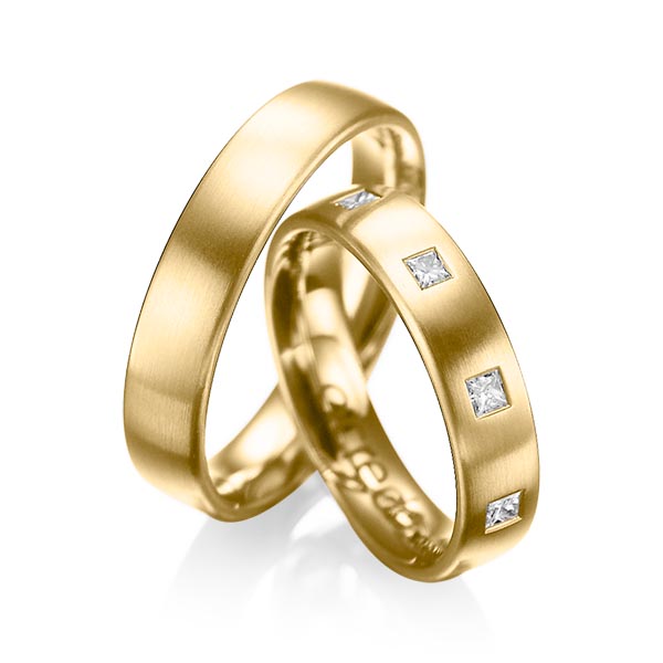 Paar klassische Trauringe/Eheringe in Gelbgold 750 mit zus. 0,45 ct. Prinzess-Diamant tw, si von acredo - A-1004-2