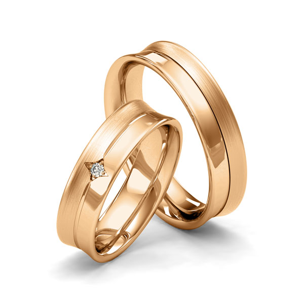 Paar klassische Trauringe/Eheringe in Roségold 585 mit zus. 0,025 ct. Brillant tw, si von Merii - M-1201-5 Paar klassische Trauringe/Eheringe in Roségold 585 mit zus. 0,025 ct. Brillant tw, si von Merii - M-1201-5
