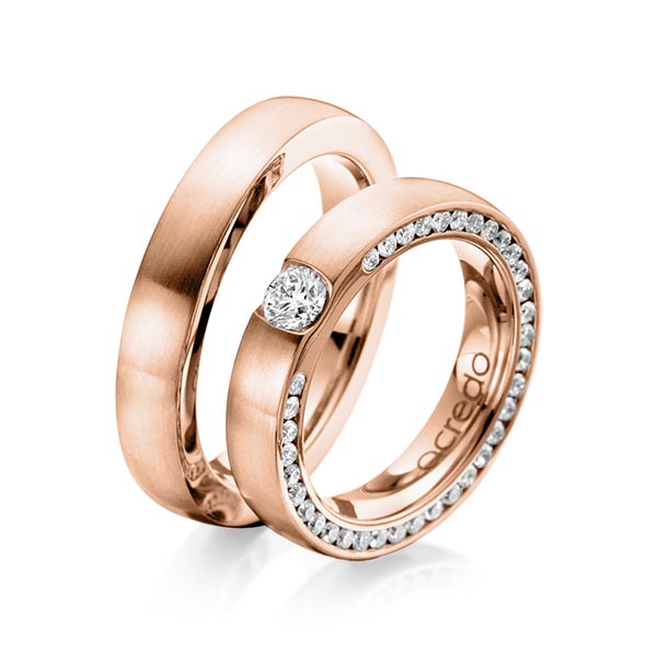 Paar klassische Trauringe/Eheringe in Rotgold 585 mit 0,3 ct. + zus. 1,08 ct. Brillant tw, si von acredo - A-1107-5