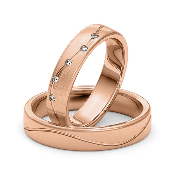 Paar klassische Trauringe/Eheringe in Rotgold 585 mit zus. 0,05 ct. Brillant tw, si von Merii - M-1270-2 Paar klassische Trauringe/Eheringe in Rotgold 585 mit zus. 0,05 ct. Brillant tw, si von Merii - M-1270-2