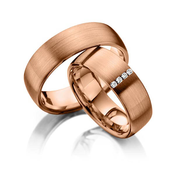 Paar klassische Trauringe/Eheringe in Rotgold 585 mit zus. 0,06 ct. Brillant tw, si von Merii - M-1184-5 Paar klassische Trauringe/Eheringe in Rotgold 585 mit zus. 0,06 ct. Brillant tw, si von Merii - M-1184-5
