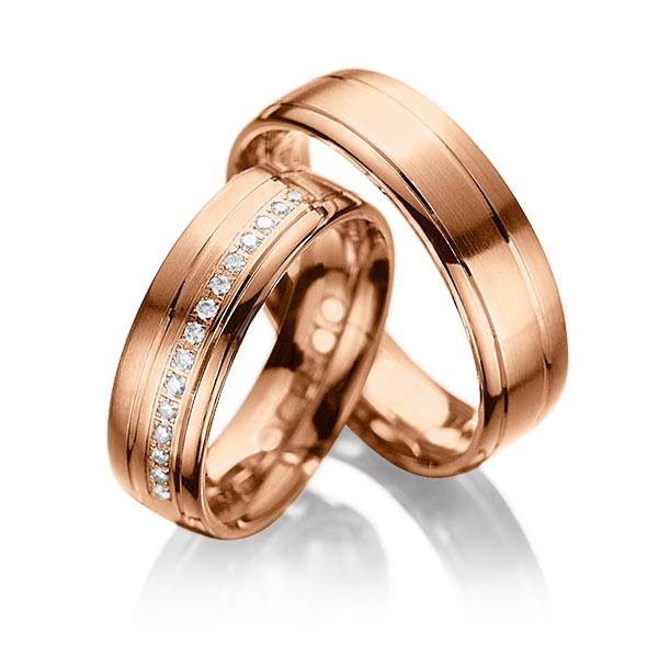Paar klassische Trauringe/Eheringe in Rotgold 585 mit zus. 0,15 ct. Brillant tw, si von acredo - A-1034-6 Paar klassische Trauringe/Eheringe in Rotgold 585 mit zus. 0,15 ct. Brillant tw, si von acredo - A-1034-6