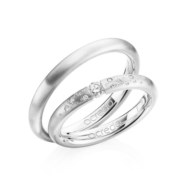 Paar klassische Trauringe/Eheringe in Weißgold 585 mit zus. 0,13 ct. Brillant tw, si von acredo - A-1291-1