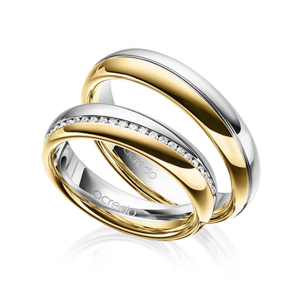 Pair bicolor memoire- wedding bands in Gray gold 14K (585/1000) Yellow gold 14K (585/1000) half set with diamonds with in total 0,2 ct. brilliant tw,si by acredo - A-1629-11 Pair bicolor memoire- wedding bands in Gray gold 14K (585/1000) Yellow gold 14K (585/1000) half set with diamonds with in total 0,2 ct. brilliant tw,si by acredo - A-1629-11