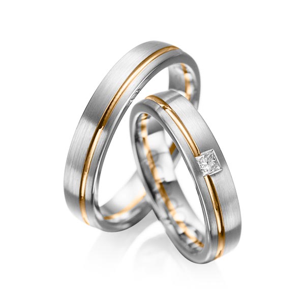 Pair bicolor wedding bands in Gray gold 14K (585/1000) Rosé gold 14K (585/1000) with in total 0,08 ct. princess diamond tw,si by acredo - A-1018-7 Pair bicolor wedding bands in Gray gold 14K (585/1000) Rosé gold 14K (585/1000) with in total 0,08 ct. princess diamond tw,si by acredo - A-1018-7