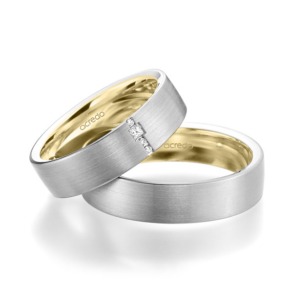 Pair bicolor wedding bands in outside White gold 14K (585/1000) , inside Yellow gold 14K (585/1000) with in total 0,045 ct. brilliant & princess diamond tw,si by acredo - A-1948-10 Pair bicolor wedding bands in outside White gold 14K (585/1000) , inside Yellow gold 14K (585/1000) with in total 0,045 ct. brilliant & princess diamond tw,si by acredo - A-1948-10