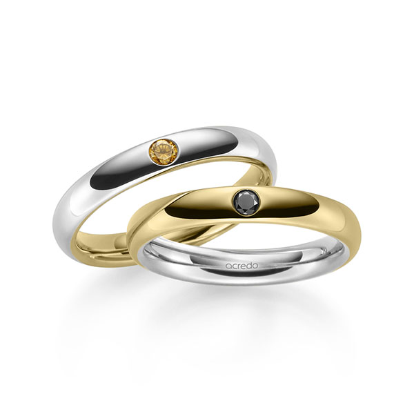 Pair bicolor wedding bands in outside Yellow gold 14K (585/1000) , inside Gray gold 14K (585/1000) with in total 0,06 ct. brilliant black by acredo - A-2175-4 Pair bicolor wedding bands in outside Yellow gold 14K (585/1000) , inside Gray gold 14K (585/1000) with in total 0,06 ct. brilliant black by acredo - A-2175-4