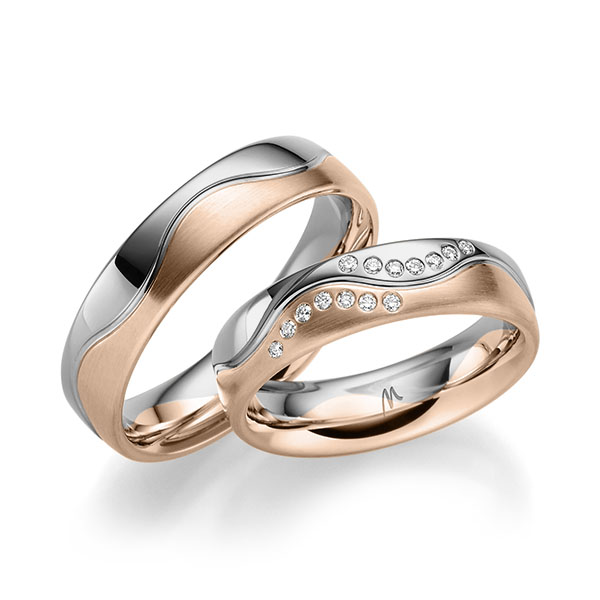 Pair bicolor wedding bands in Platinium 600 Red gold 14K (585/1000) with in total 0,112 ct. brilliant tw,si by Merii - M-1317-3 Pair bicolor wedding bands in Platinium 600 Red gold 14K (585/1000) with in total 0,112 ct. brilliant tw,si by Merii - M-1317-3