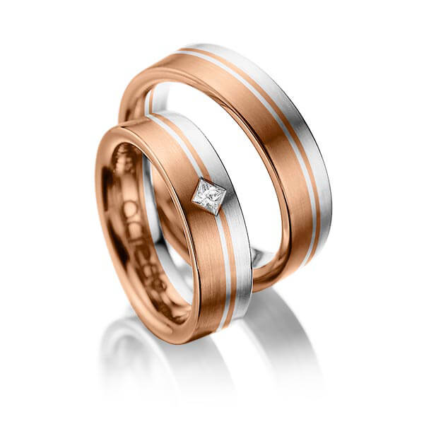 Pair bicolor wedding bands in Red gold 14K (585/1000) White gold 14K (585/1000) with in total 0,1 ct. princess diamond tw,si by acredo - A-1020-12 Pair bicolor wedding bands in Red gold 14K (585/1000) White gold 14K (585/1000) with in total 0,1 ct. princess diamond tw,si by acredo - A-1020-12