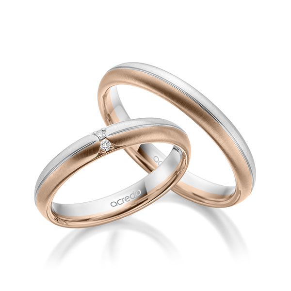 Pair bicolor wedding bands in White gold 14K (585/1000) Red gold 14K (585/1000) with in total 0,03 ct. brilliant tw,si by acredo - A-1956-3 Pair bicolor wedding bands in White gold 14K (585/1000) Red gold 14K (585/1000) with in total 0,03 ct. brilliant tw,si by acredo - A-1956-3