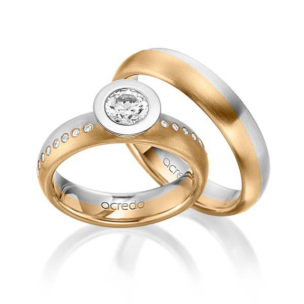 Pair bicolor wedding bands in White gold 14K (585/1000) Rosé gold 14K (585/1000) with 0,4 ct. + in total 0,175 ct. brilliant tw,vs tw,si by acredo - A-1538-2 Pair bicolor wedding bands in White gold 14K (585/1000) Rosé gold 14K (585/1000) with 0,4 ct. + in total 0,175 ct. brilliant tw,vs tw,si by acredo - A-1538-2