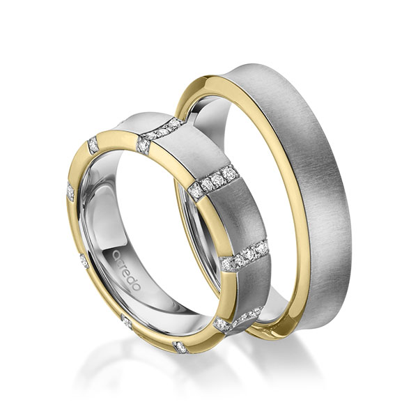 Pair bicolor wedding bands in Yellow gold 14K (585/1000) Gray gold 14K (585/1000) with in total 0,36 ct. brilliant tw,si by acredo - A-1970-10 Pair bicolor wedding bands in Yellow gold 14K (585/1000) Gray gold 14K (585/1000) with in total 0,36 ct. brilliant tw,si by acredo - A-1970-10