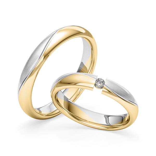 Pair bicolor wedding bands in Yellow gold 14K (585/1000) White gold 14K (585/1000) with in total 0,06 ct. brilliant tw,si by Merii - M-1263-2 Pair bicolor wedding bands in Yellow gold 14K (585/1000) White gold 14K (585/1000) with in total 0,06 ct. brilliant tw,si by Merii - M-1263-2