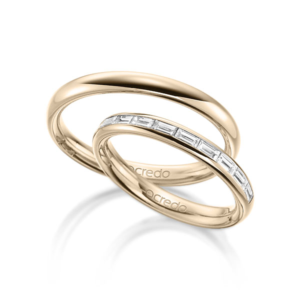 Pair classic memoire- wedding bands in outside Signature Gold 585 , inside Signature Gold 585 half set with diamonds with in total 0,5 ct. baguette diamond tw,vs by acredo - A-1532-12 Pair classic memoire- wedding bands in outside Signature Gold 585 , inside Signature Gold 585 half set with diamonds with in total 0,5 ct. baguette diamond tw,vs by acredo - A-1532-12