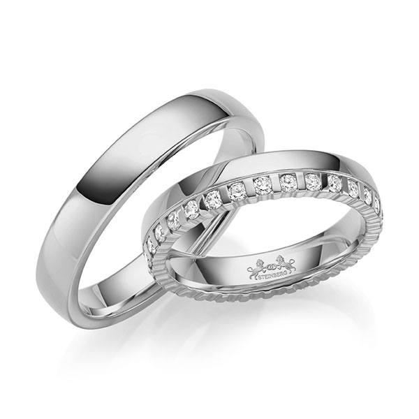 Pair classic memoire- wedding bands in Platinium 600 completely set with diamonds with in total 0,58 ct. tw,si by Steinberg - Q-1700-5 Pair classic memoire- wedding bands in Platinium 600 completely set with diamonds with in total 0,58 ct. tw,si by Steinberg - Q-1700-5