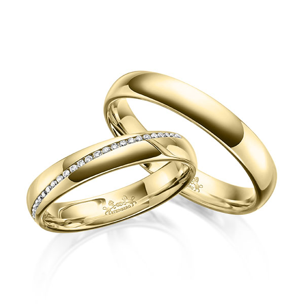 Pair classic memoire- wedding bands in Yellow gold 14K (585/1000) half set with diamonds with in total 0,145 ct. brilliant tw,si by Steinberg - Q-1624-1 Pair classic memoire- wedding bands in Yellow gold 14K (585/1000) half set with diamonds with in total 0,145 ct. brilliant tw,si by Steinberg - Q-1624-1