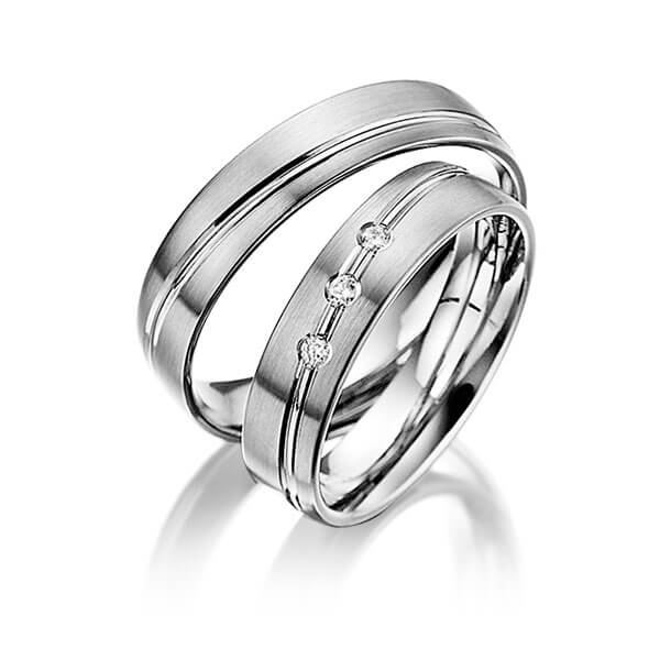 Pair classic wedding bands in Gray gold 14K (585/1000) with in total 0,06 ct. brilliant tw,si by Steinberg - Q-1394-6 Pair classic wedding bands in Gray gold 14K (585/1000) with in total 0,06 ct. brilliant tw,si by Steinberg - Q-1394-6
