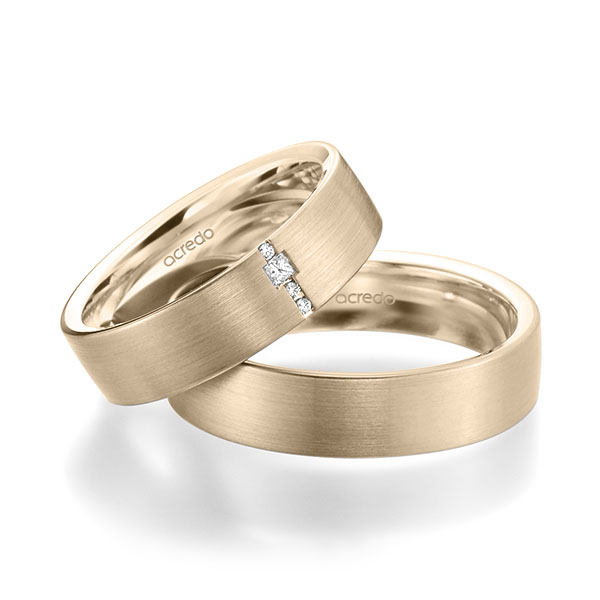 Pair classic wedding bands in outside Signature Gold 585 , inside Signature Gold 585 with in total 0,045 ct. brilliant & princess diamond tw,si by acredo - A-1948-12 Pair classic wedding bands in outside Signature Gold 585 , inside Signature Gold 585 with in total 0,045 ct. brilliant & princess diamond tw,si by acredo - A-1948-12