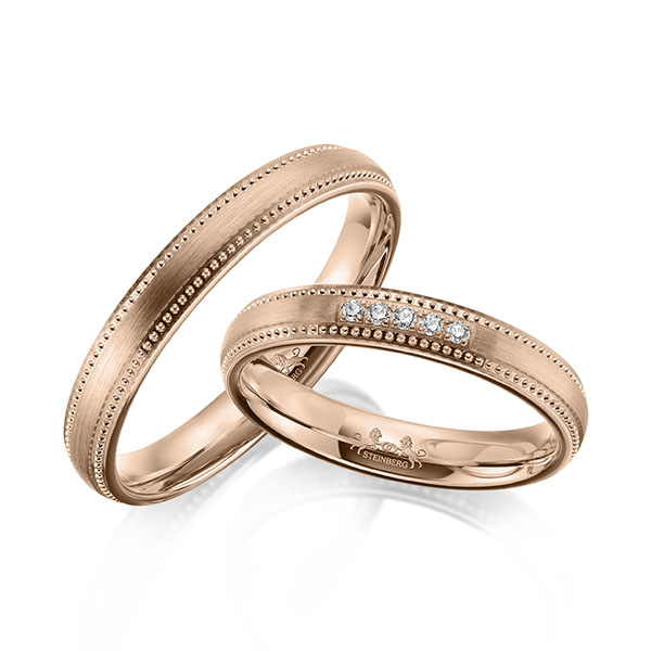Pair classic wedding bands in Red gold 14K (585/1000) with in total 0,05 ct. brilliant tw,si by Steinberg - Q-1642-3 Pair classic wedding bands in Red gold 14K (585/1000) with in total 0,05 ct. brilliant tw,si by Steinberg - Q-1642-3