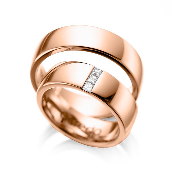 Pair classic wedding bands in Red gold 14K (585/1000) with in total 0,15 ct. princess diamond tw,si by acredo - A-1056-6 Pair classic wedding bands in Red gold 14K (585/1000) with in total 0,15 ct. princess diamond tw,si by acredo - A-1056-6