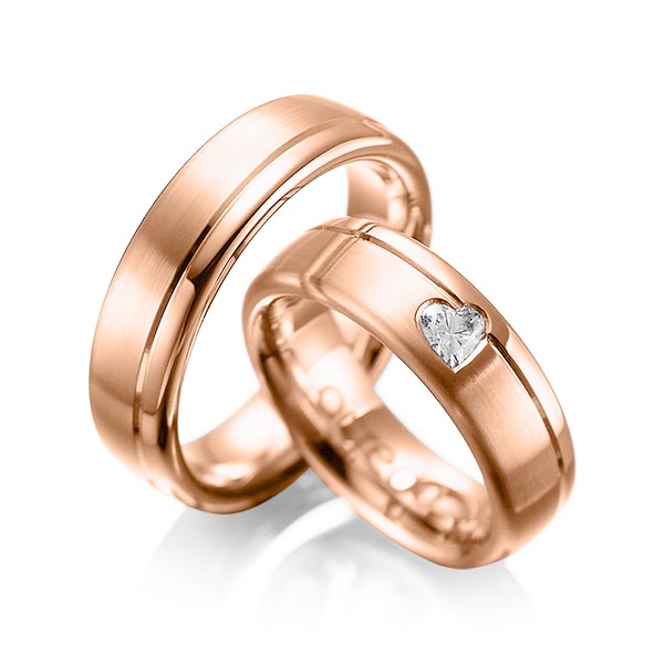 Pair classic wedding bands in Red gold 14K (585/1000) with in total 0,22 ct. heart diamond tw,vs by acredo - A-1045-6 Pair classic wedding bands in Red gold 14K (585/1000) with in total 0,22 ct. heart diamond tw,vs by acredo - A-1045-6