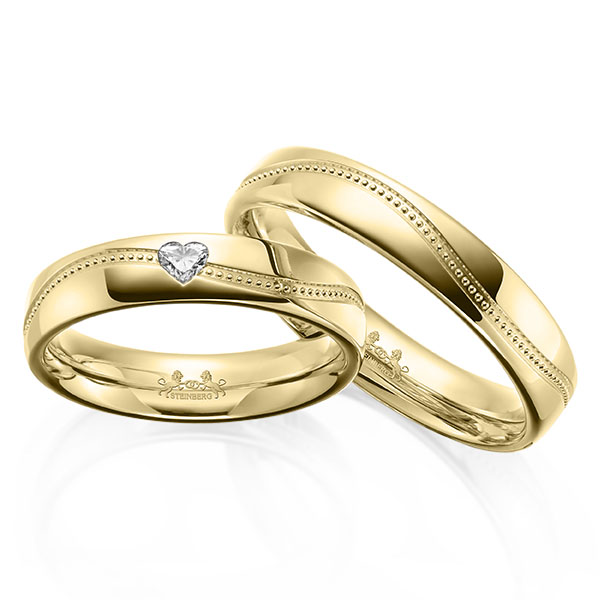 Pair classic wedding bands in Yellow gold 14K (585/1000) with in total 0,1 ct. heart diamond tw,vs by Steinberg - Q-1722-4 Pair classic wedding bands in Yellow gold 14K (585/1000) with in total 0,1 ct. heart diamond tw,vs by Steinberg - Q-1722-4