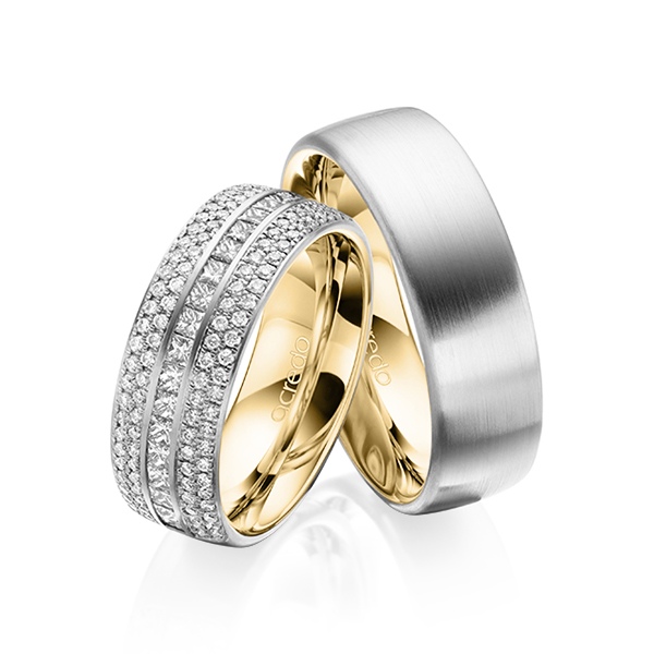 Set Bicolor Memoire-trouwringen in buiten platina 950 , binnen geelgoud 18 kt. half gezet met in totaal 1,12 ct. Briljant & Princess-Diamant tw/si van acredo - A-1623-10 Set Bicolor Memoire-trouwringen in buiten platina 950 , binnen geelgoud 18 kt. half gezet met in totaal 1,12 ct. Briljant & Princess-Diamant tw/si van acredo - A-1623-10