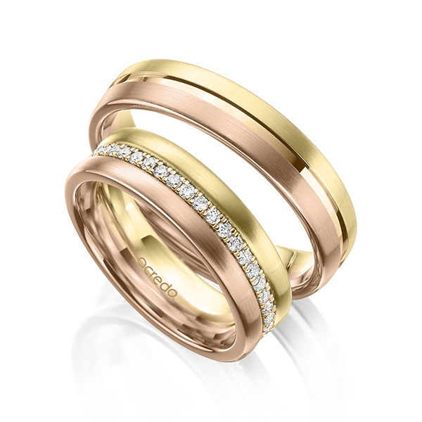 Set Bicolor Memoire-trouwringen in geelgoud 14 kt. roségoud 14 kt. roodgoud 14 kt. volledig gezet met in totaal 0,39 ct. tw/si van acredo - A-2102-10 Set Bicolor Memoire-trouwringen in geelgoud 14 kt. roségoud 14 kt. roodgoud 14 kt. volledig gezet met in totaal 0,39 ct. tw/si van acredo - A-2102-10