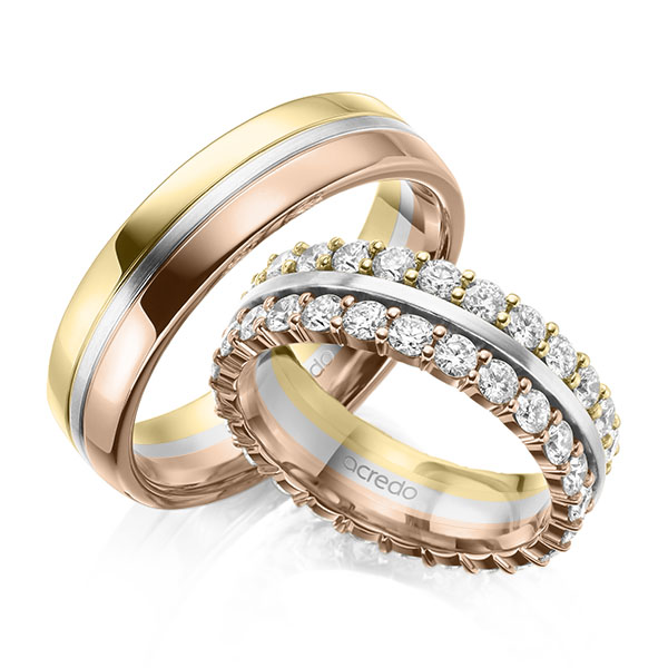 Set Bicolor Memoire-trouwringen in geelgoud 14 kt. witgoud 14 kt. roodgoud 14 kt. volledig gezet met in totaal 2,5 ct. tw/si van acredo - A-2100-8 Set Bicolor Memoire-trouwringen in geelgoud 14 kt. witgoud 14 kt. roodgoud 14 kt. volledig gezet met in totaal 2,5 ct. tw/si van acredo - A-2100-8