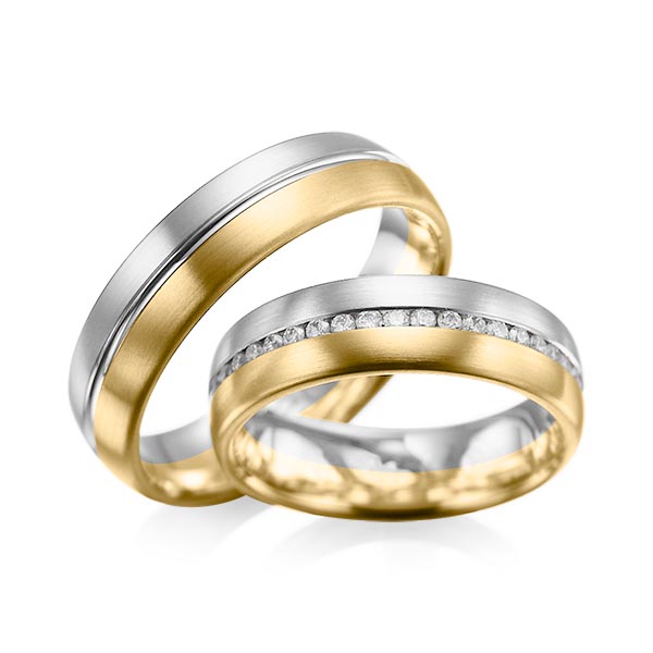 Set Bicolor Memoire-trouwringen in grijsgoud 14 kt. geelgoud 14 kt. volledig gezet met in totaal 0,615 ct. Briljant tw/si van acredo - A-1031-3 Set Bicolor Memoire-trouwringen in grijsgoud 14 kt. geelgoud 14 kt. volledig gezet met in totaal 0,615 ct. Briljant tw/si van acredo - A-1031-3