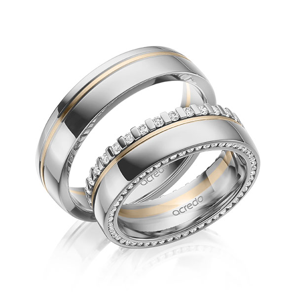 Set Bicolor Memoire-trouwringen in grijsgoud 14 kt. Signature Gold 585 volledig gezet met in totaal 0,75 ct. Briljant tw/si van acredo - A-2101-19 Set Bicolor Memoire-trouwringen in grijsgoud 14 kt. Signature Gold 585 volledig gezet met in totaal 0,75 ct. Briljant tw/si van acredo - A-2101-19