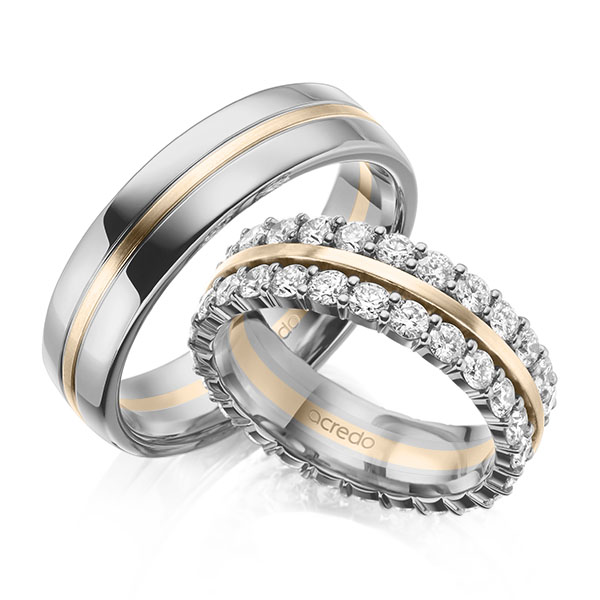 Set Bicolor Memoire-trouwringen in grijsgoud 14 kt. Signature Gold 585 volledig gezet met in totaal 2,5 ct. tw/si van acredo - A-2100-18 Set Bicolor Memoire-trouwringen in grijsgoud 14 kt. Signature Gold 585 volledig gezet met in totaal 2,5 ct. tw/si van acredo - A-2100-18