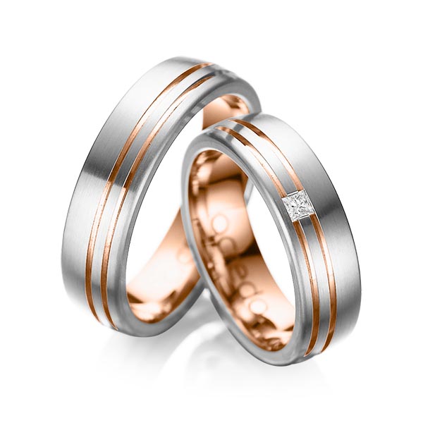 Set Bicolor trouwringen in buiten grijsgoud 14 kt. , binnen roodgoud 14 kt. met in totaal 0,05 ct. Princess-Diamant tw/si van acredo - A-1040-1 Set Bicolor trouwringen in buiten grijsgoud 14 kt. , binnen roodgoud 14 kt. met in totaal 0,05 ct. Princess-Diamant tw/si van acredo - A-1040-1
