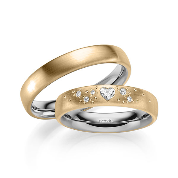 Set Bicolor trouwringen in buiten roségoud 14 kt. , binnen grijsgoud 14 kt. met in totaal 0,146 ct. Briljant & Hart-Diamant tw,vs van acredo - A-2131-1 Set Bicolor trouwringen in buiten roségoud 14 kt. , binnen grijsgoud 14 kt. met in totaal 0,146 ct. Briljant & Hart-Diamant tw,vs van acredo - A-2131-1