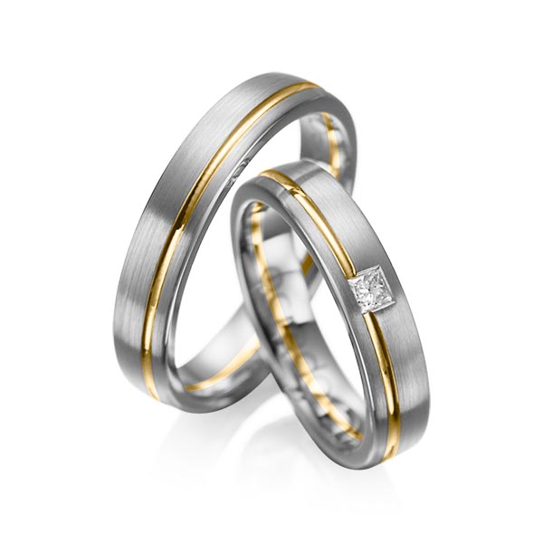 Set Bicolor trouwringen in dark grey gold 14 kt. geelgoud 14 kt. met in totaal 0,08 ct. Princess-Diamant tw/si van acredo - A-1018-14 Set Bicolor trouwringen in dark grey gold 14 kt. geelgoud 14 kt. met in totaal 0,08 ct. Princess-Diamant tw/si van acredo - A-1018-14