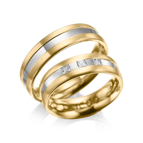 Set Bicolor trouwringen in geelgoud 14 kt. grijsgoud 14 kt. met in totaal 0,18 ct. Princess-Diamant tw/si van acredo - A-1021-1 Set Bicolor trouwringen in geelgoud 14 kt. grijsgoud 14 kt. met in totaal 0,18 ct. Princess-Diamant tw/si van acredo - A-1021-1