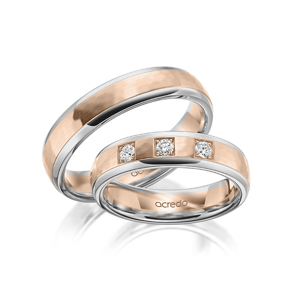 Set Bicolor trouwringen in grijsgoud 14 kt. roodgoud 14 kt. , hamerslag met in totaal 0,15 ct. Briljant tw/si van acredo - A-2011-8 Set Bicolor trouwringen in grijsgoud 14 kt. roodgoud 14 kt. , hamerslag met in totaal 0,15 ct. Briljant tw/si van acredo - A-2011-8