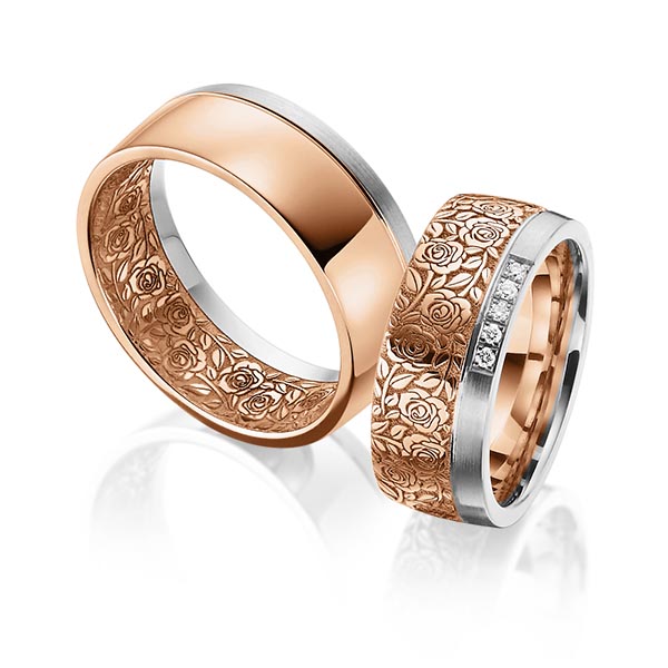 Set Bicolor trouwringen in grijsgoud 14 kt. roodgoud 14 kt. Laser Structuur met in totaal 0,05 ct. Briljant tw/si van Eternal Touch - Y-1384-11 Set Bicolor trouwringen in grijsgoud 14 kt. roodgoud 14 kt. Laser Structuur met in totaal 0,05 ct. Briljant tw/si van Eternal Touch - Y-1384-11