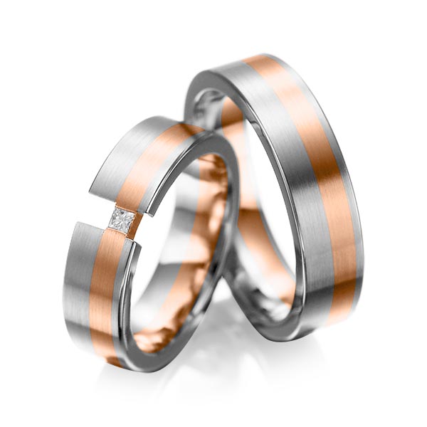 Set Bicolor trouwringen in grijsgoud 14 kt. roodgoud 14 kt. met in totaal 0,05 ct. Princess-Diamant tw/si van acredo - A-1025-10 Set Bicolor trouwringen in grijsgoud 14 kt. roodgoud 14 kt. met in totaal 0,05 ct. Princess-Diamant tw/si van acredo - A-1025-10