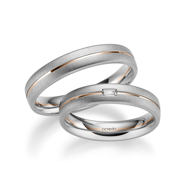 Set Bicolor trouwringen in grijsgoud 14 kt. roodgoud 14 kt. met in totaal 0,06 ct. Baguette-Diamant tw,vs van acredo - A-1019-16 Set Bicolor trouwringen in grijsgoud 14 kt. roodgoud 14 kt. met in totaal 0,06 ct. Baguette-Diamant tw,vs van acredo - A-1019-16