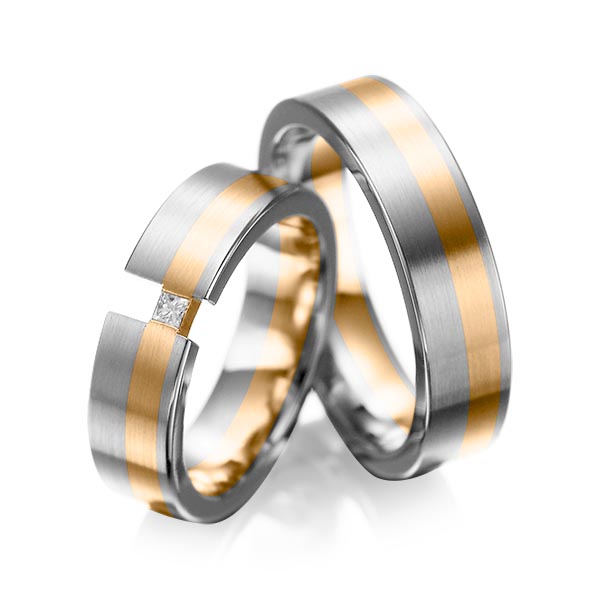 Set Bicolor trouwringen in grijsgoud 14 kt. roségoud 14 kt. met in totaal 0,05 ct. Princess-Diamant tw/si van acredo - A-1025-9 Set Bicolor trouwringen in grijsgoud 14 kt. roségoud 14 kt. met in totaal 0,05 ct. Princess-Diamant tw/si van acredo - A-1025-9