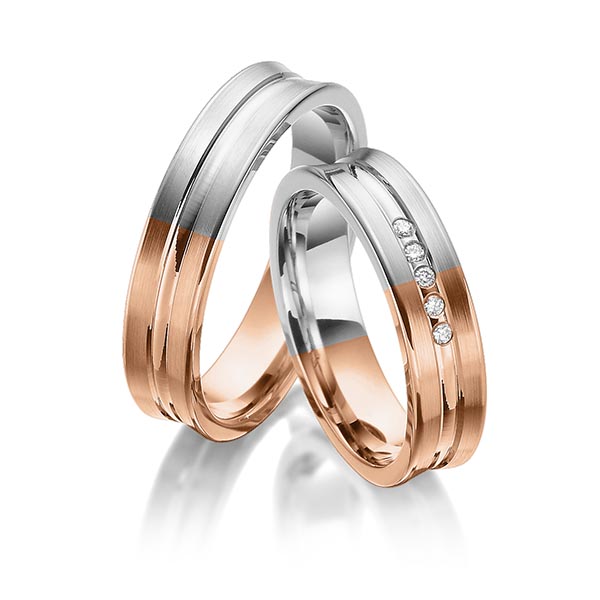 Set Bicolor trouwringen in roodgoud 14 kt. grijsgoud 14 kt. met in totaal 0,05 ct. Briljant tw/si van Eternal Touch - Y-1373-2 Set Bicolor trouwringen in roodgoud 14 kt. grijsgoud 14 kt. met in totaal 0,05 ct. Briljant tw/si van Eternal Touch - Y-1373-2